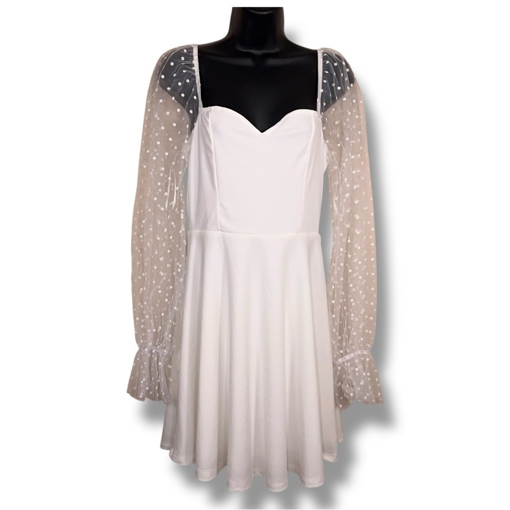 Size 6 White Retro Dress Sheer Polka Dot Print Sleeves Fit And Flare Stretch